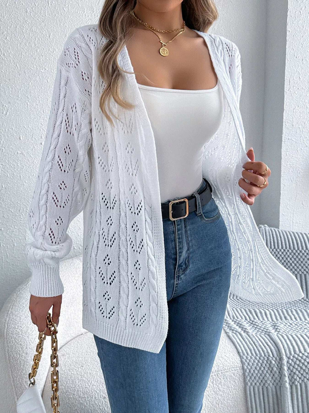 Openwork Open Front Long Sleeve Cardigan - Trendsi - Flyclothing LLC