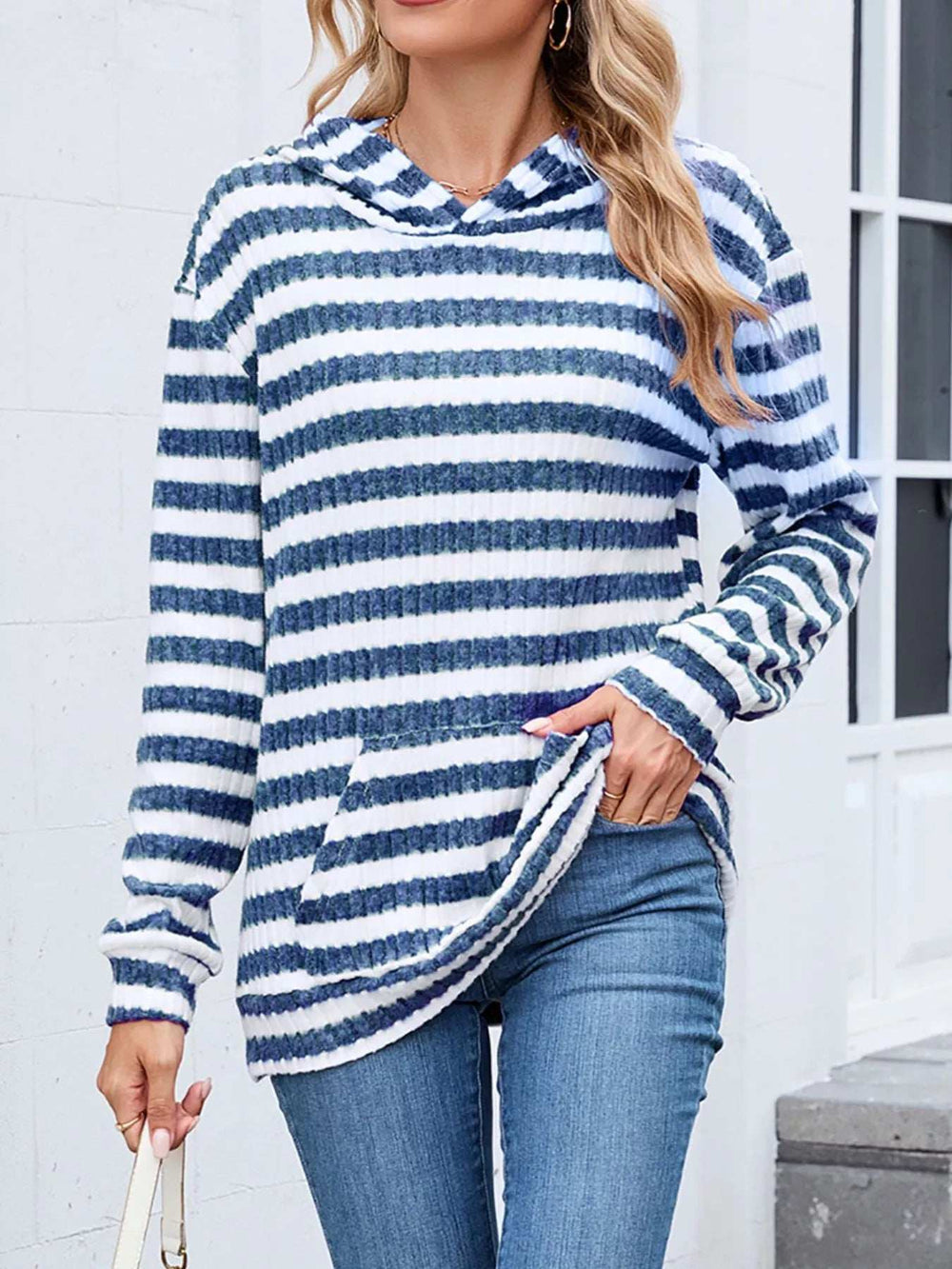 Striped Dropped Shoulder Hoodie - Trendsi - Flyclothing LLC