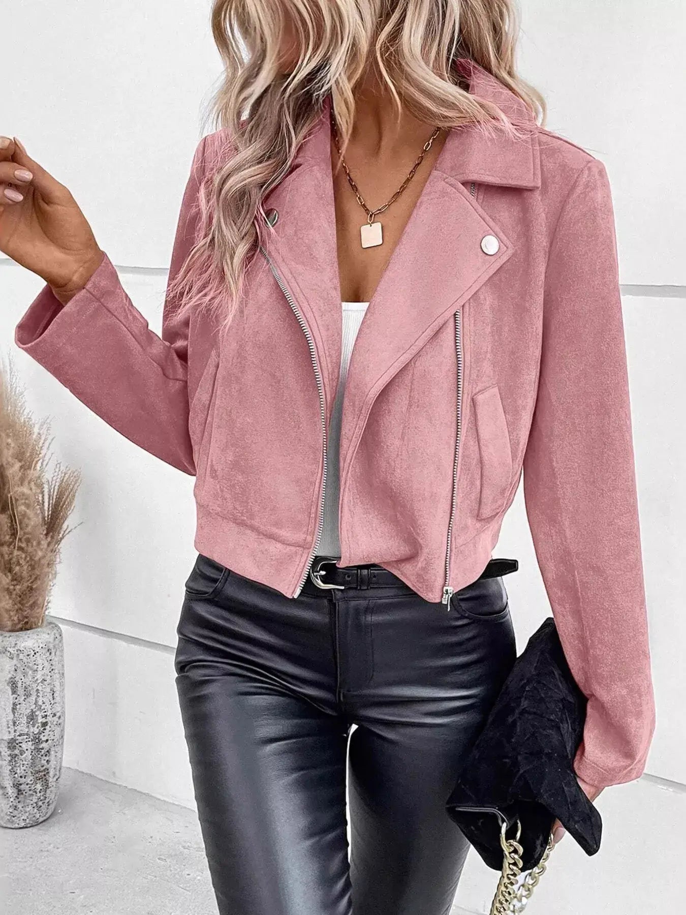 Suede Moto Jacket with Zip Detail - Trendsi - Flyclothing LLC