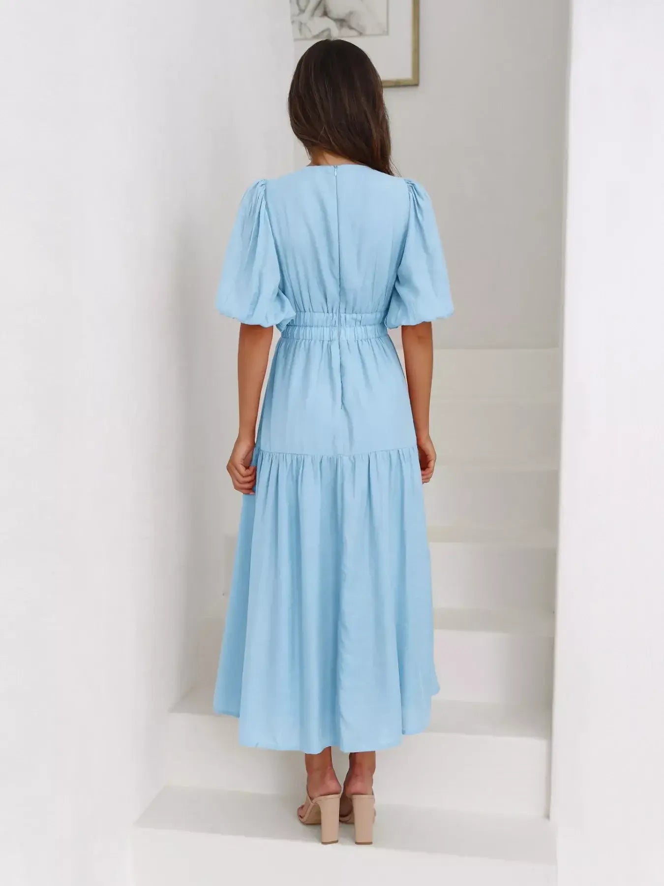 Tiered Puff Sleeve Midi Dress - Trendsi - Flyclothing LLC