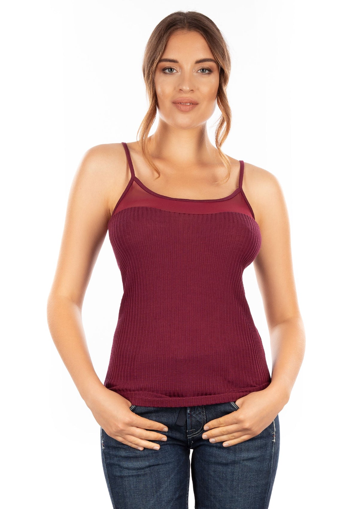 EGI Exclusive Collections Merino Wool Blend Sleeveless Cami with Tulle Trim. Proudly Made in Italy.(8258)