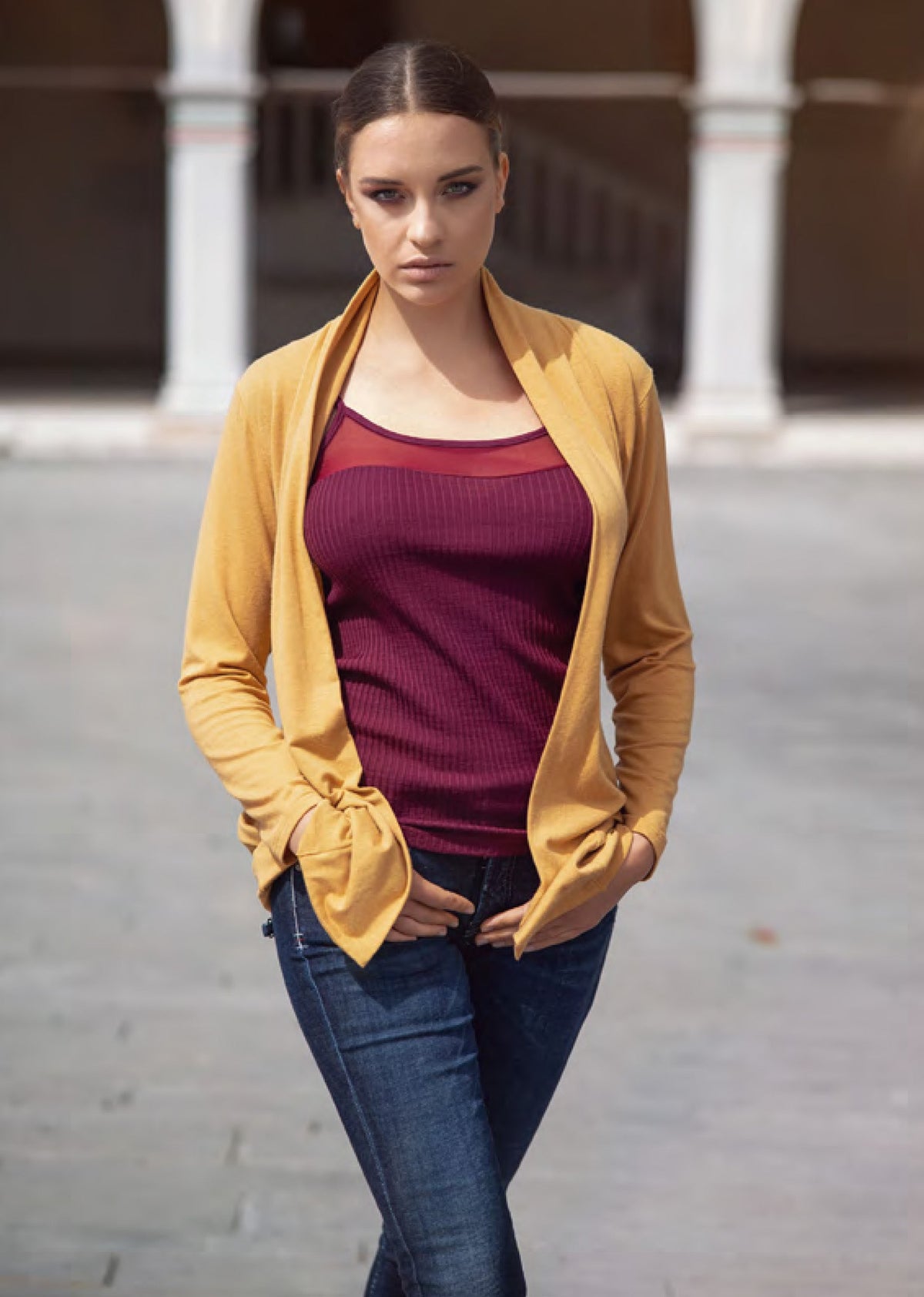 EGI Exclusive Collections Merino Wool Blend Sleeveless Cami with Tulle Trim. Proudly Made in Italy.(8258)