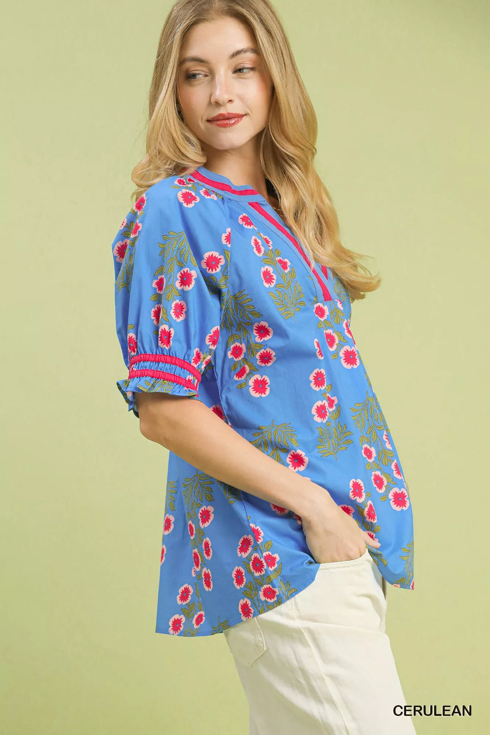 Umgee Floral V-Neck Puff Sleeve Top - Trendsi - Flyclothing LLC