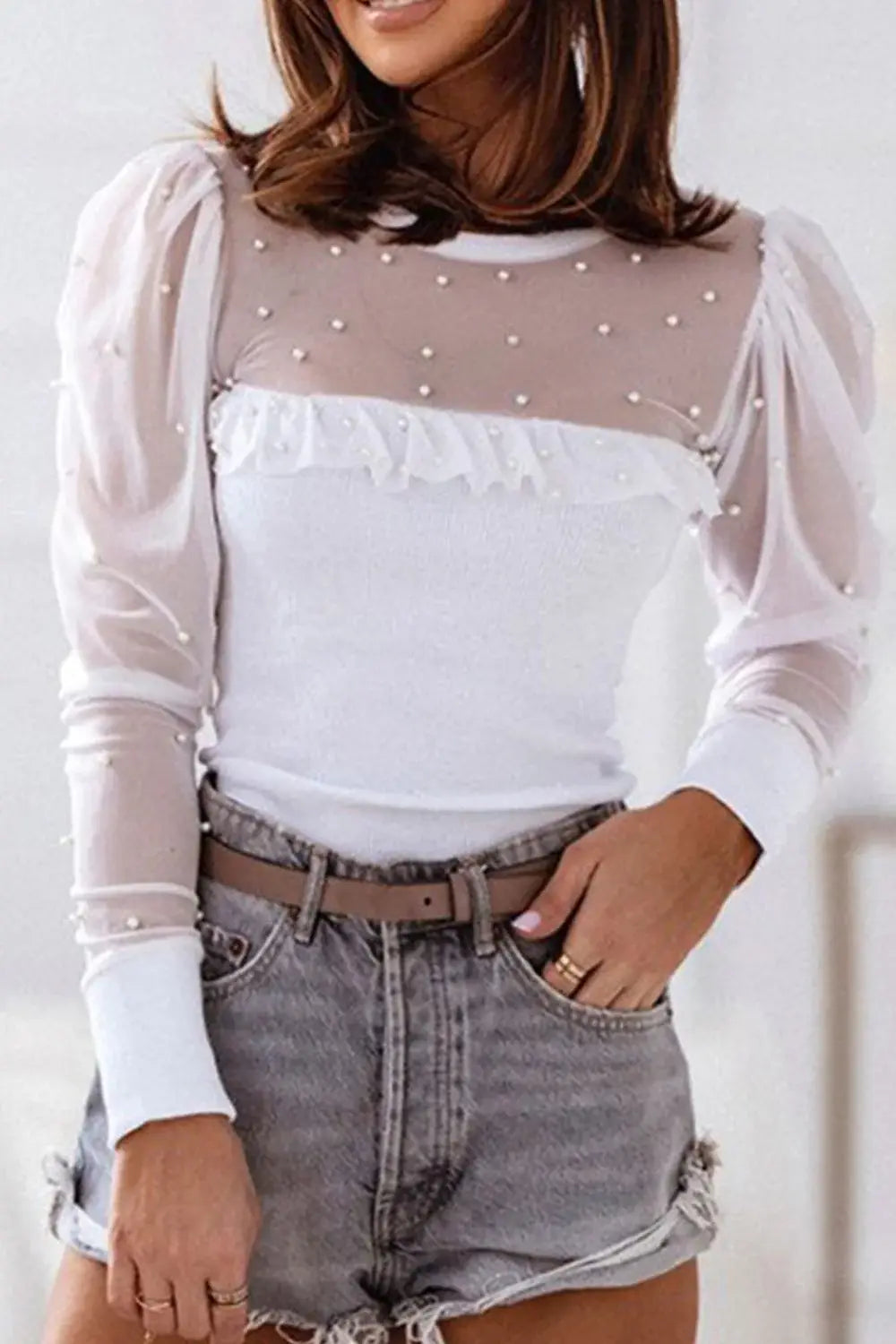 Pearl Decor Mesh Patchwork Ribbed Long Sleeve Top - Trendsi - Flyclothing LLC