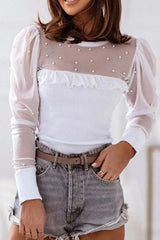 Pearl Decor Mesh Patchwork Ribbed Long Sleeve Top - Trendsi - Flyclothing LLC