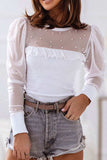 Pearl Decor Mesh Patchwork Ribbed Long Sleeve Top - Trendsi - Flyclothing LLC