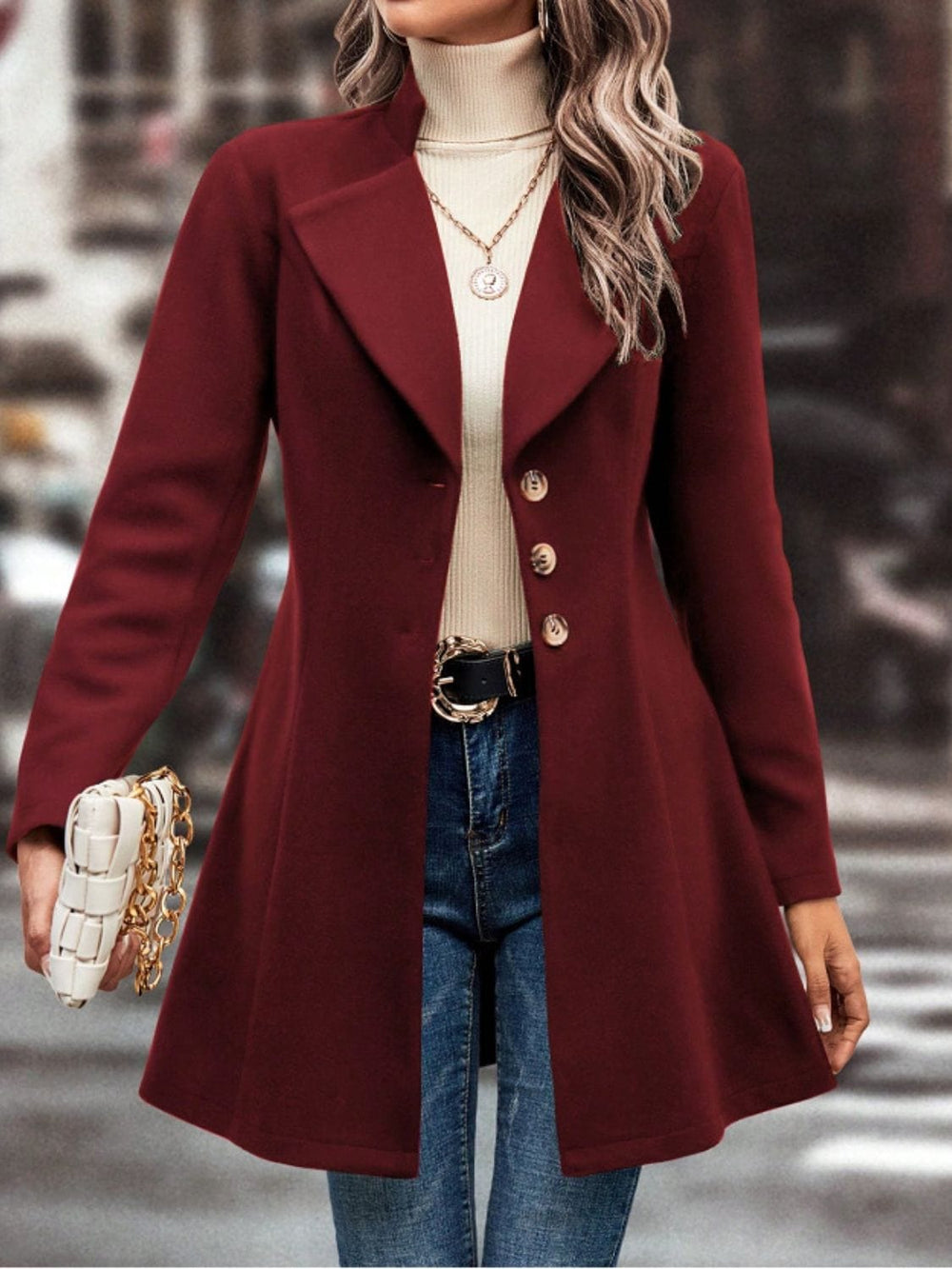 Collared Neck Button Up Long Sleeve Coat - Trendsi