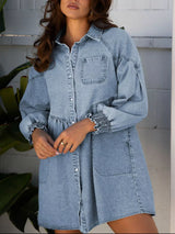 Smocked Cuffs Flared Denim Shirt Mini Dress - Trendsi - Flyclothing LLC