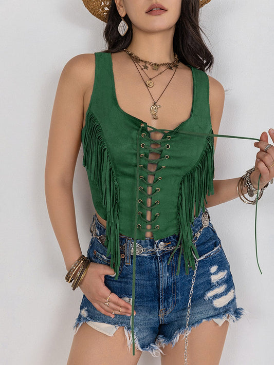 Fringe Lace-Up Wide Strap Tank - Trendsi