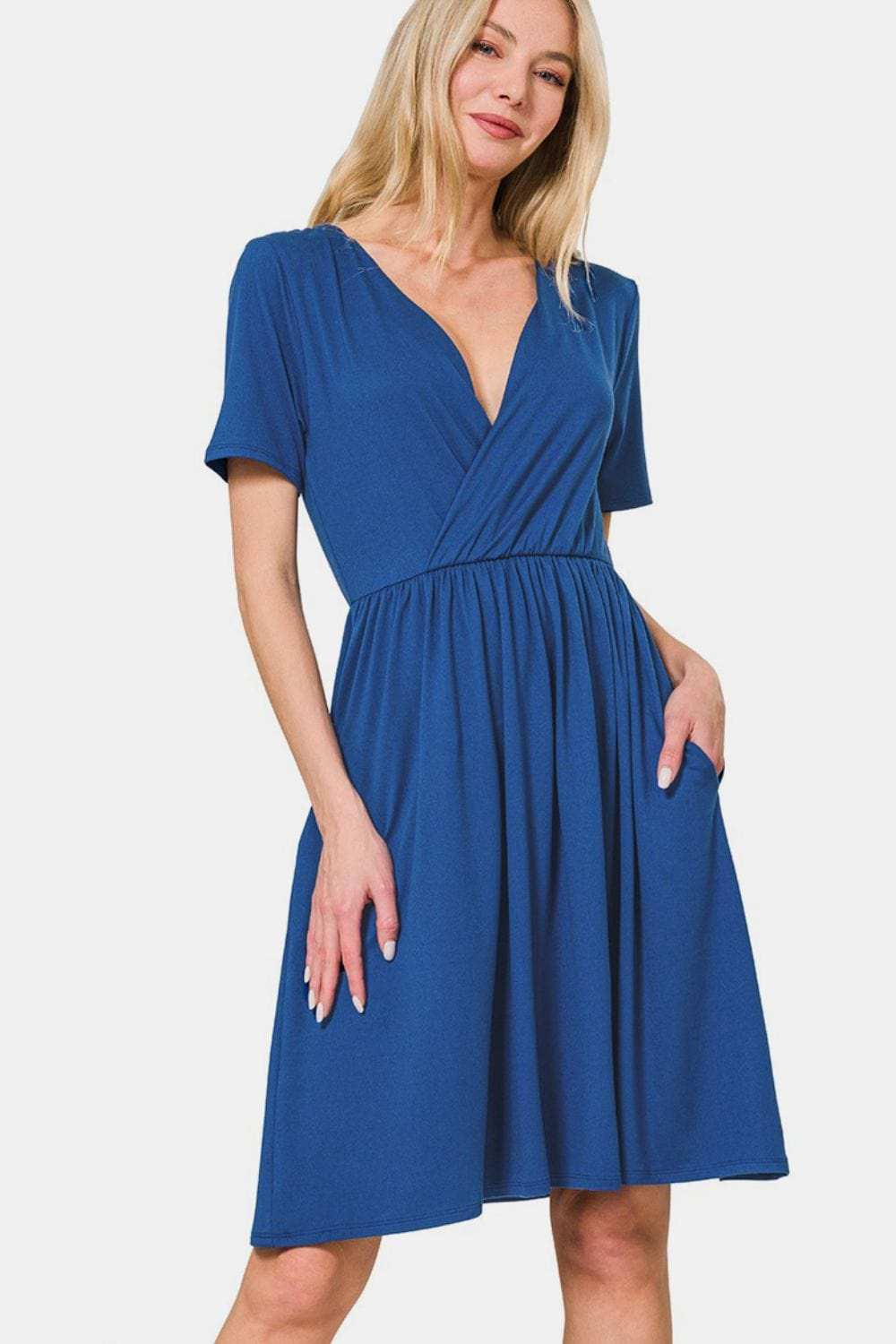Zenana Surplice Short Sleeve Brushed DTY Dress - Trendsi - Flyclothing LLC