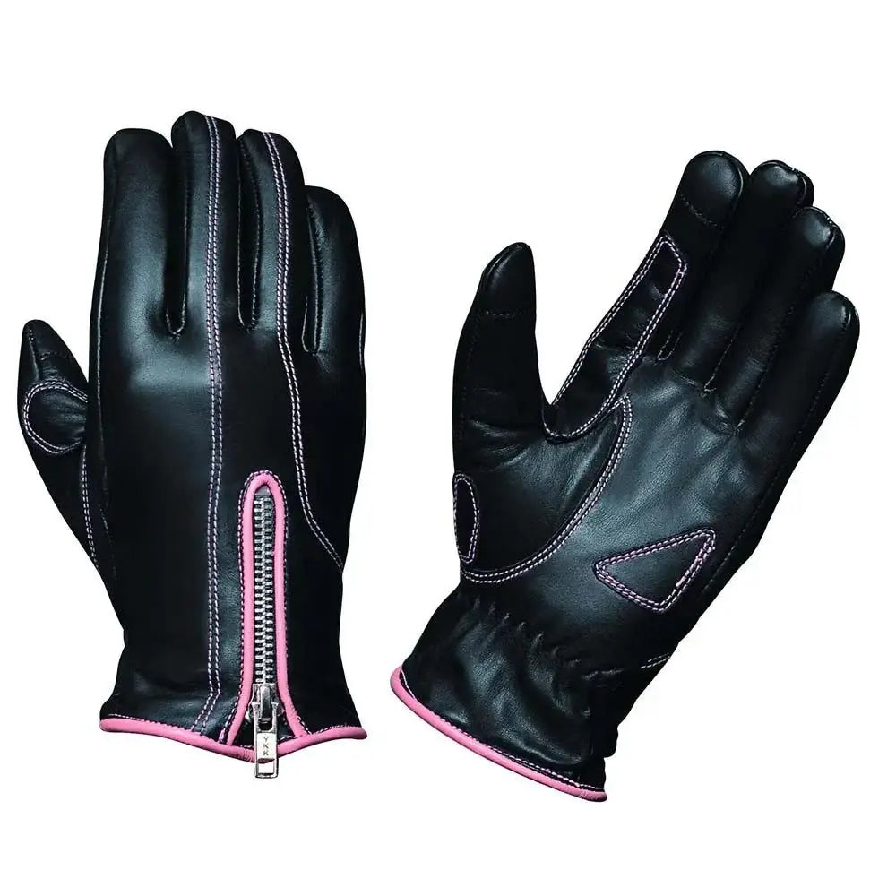Ladies Full Finger Gloves with Pink Stitching - Unik Just for Bikers - Flyclothing LLC