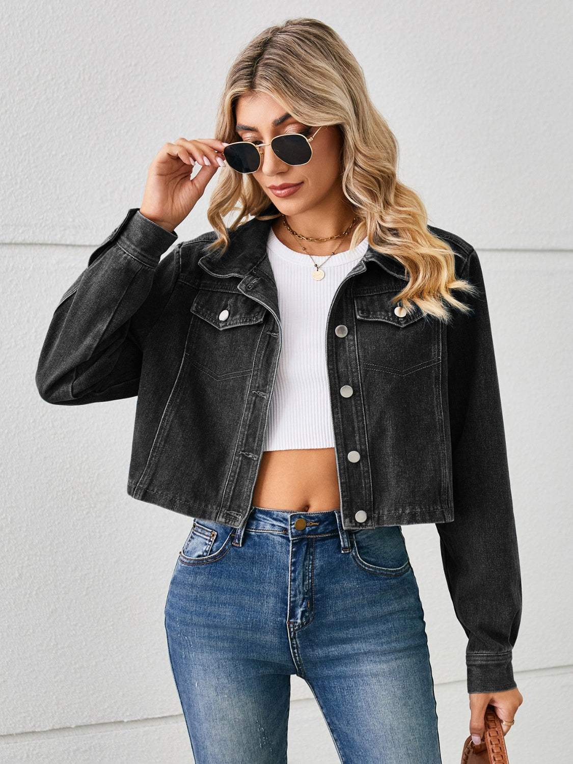 Button Up Long Sleeve Denim Jacket - Trendsi - Flyclothing LLC