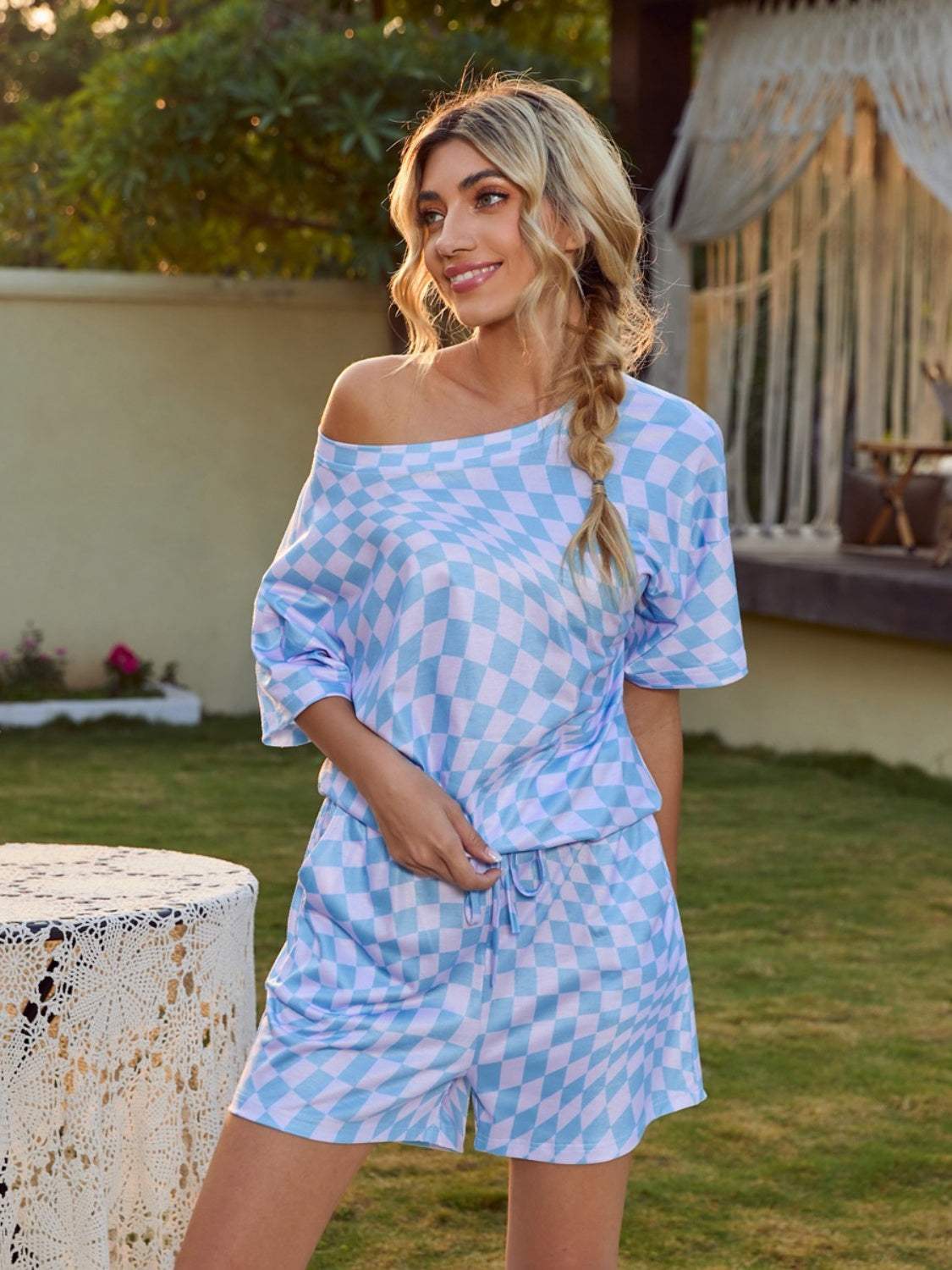 Plaid Round Neck Top and Shorts Lounge Set - Trendsi - Flyclothing LLC