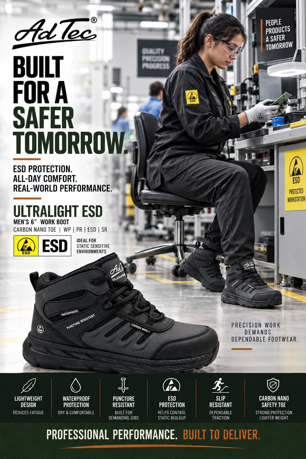 AdTec Ultralight ESD Women's 6 Inch Work Boot Black/Dark Grey - product features graphic
