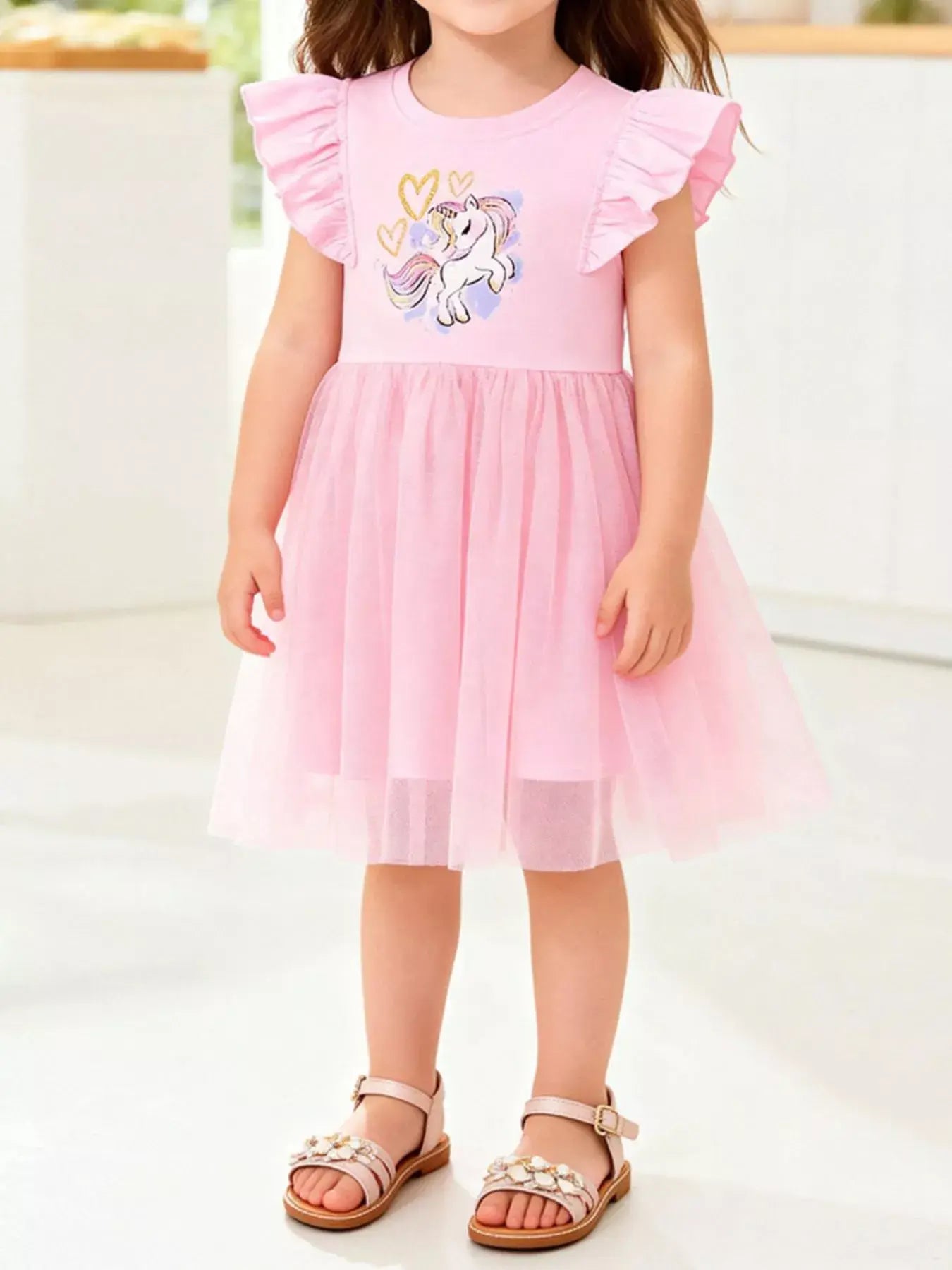 Children's Unicorn Graphic Ruffle Sleeve Tulle Dress - Trendsi - Flyclothing LLC