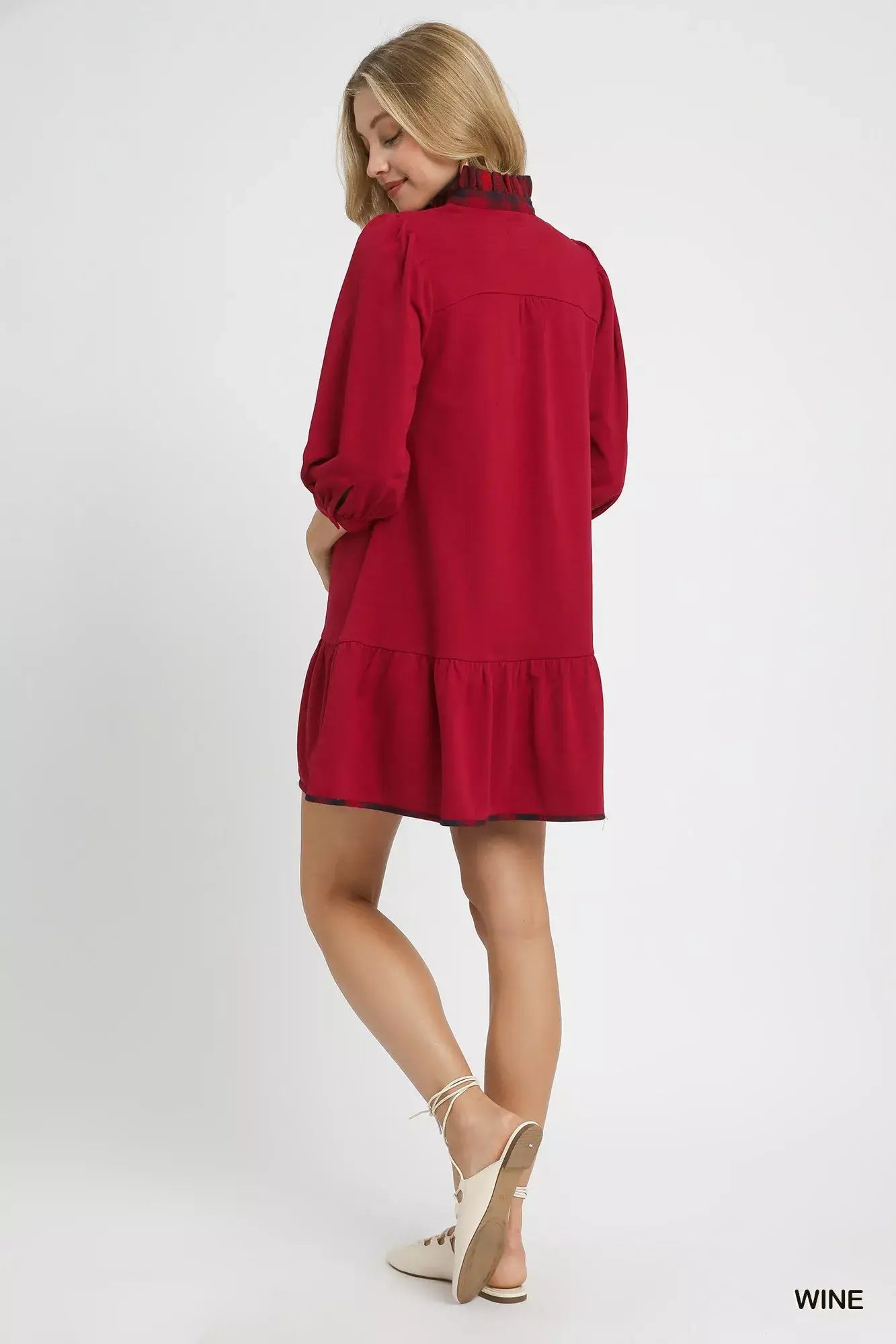 Umgee French Terry Ruffle Hem Dress with Plaid Trim - Trendsi - Flyclothing LLC