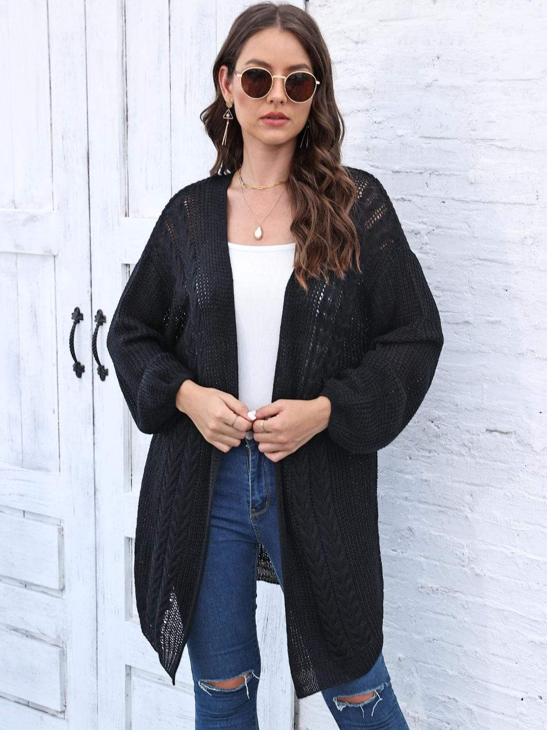 Cable-Knit Open Front Long Sleeve Cardigan - Trendsi - Flyclothing LLC