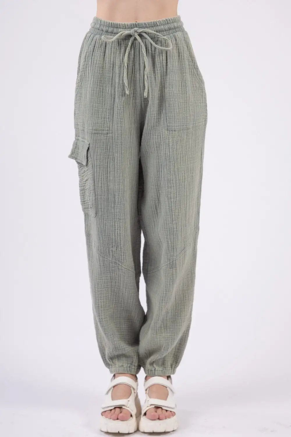 VERY J Washed Woven Crinkle Gauze Drawstring Pants - Trendsi
