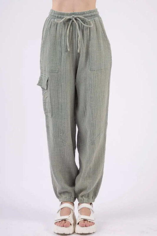 VERY J Washed Woven Crinkle Gauze Drawstring Pants - Trendsi - Flyclothing LLC