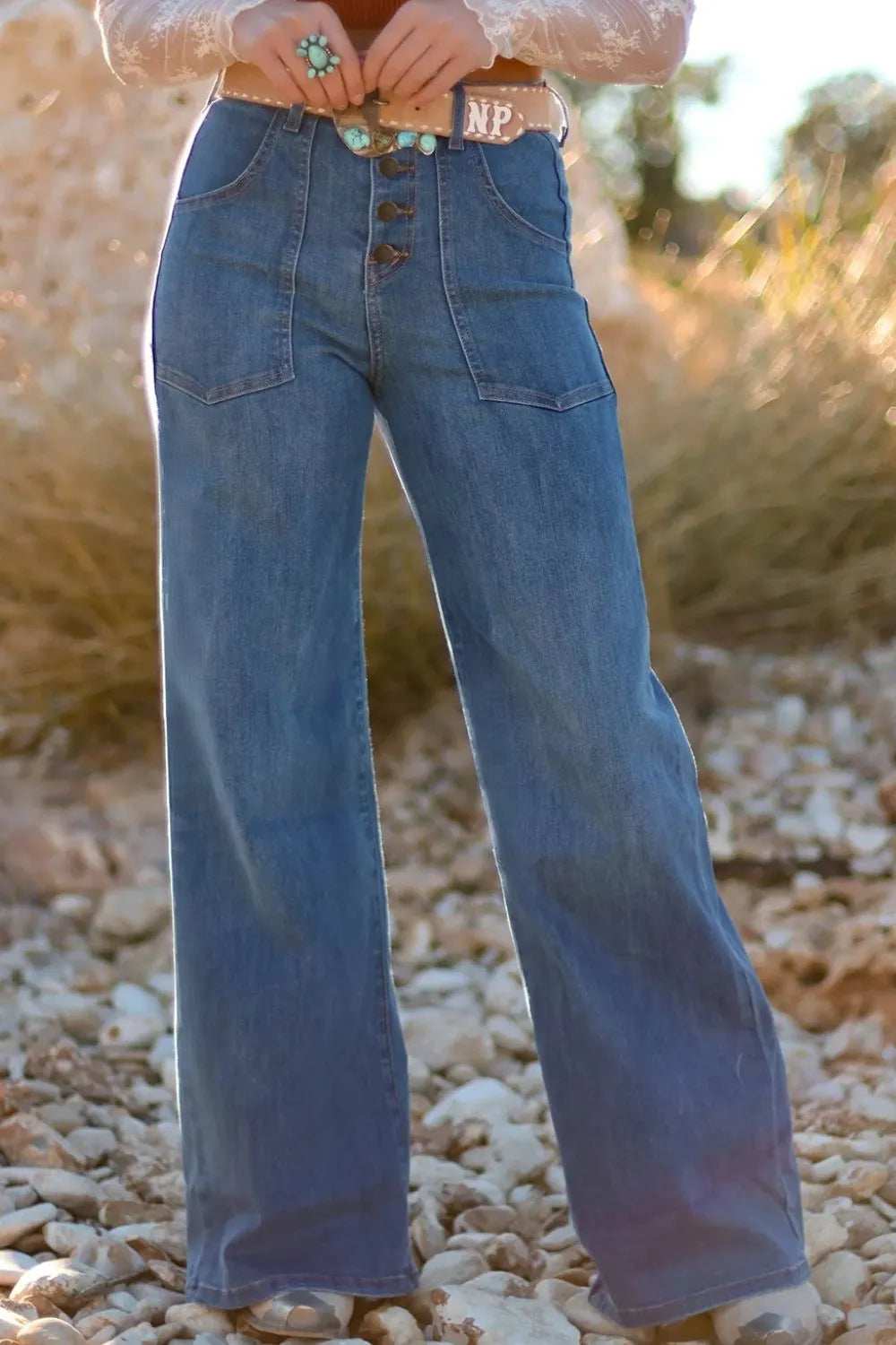 High-Waisted Wide-Leg Button-Front Jeans - Trendsi - Flyclothing LLC