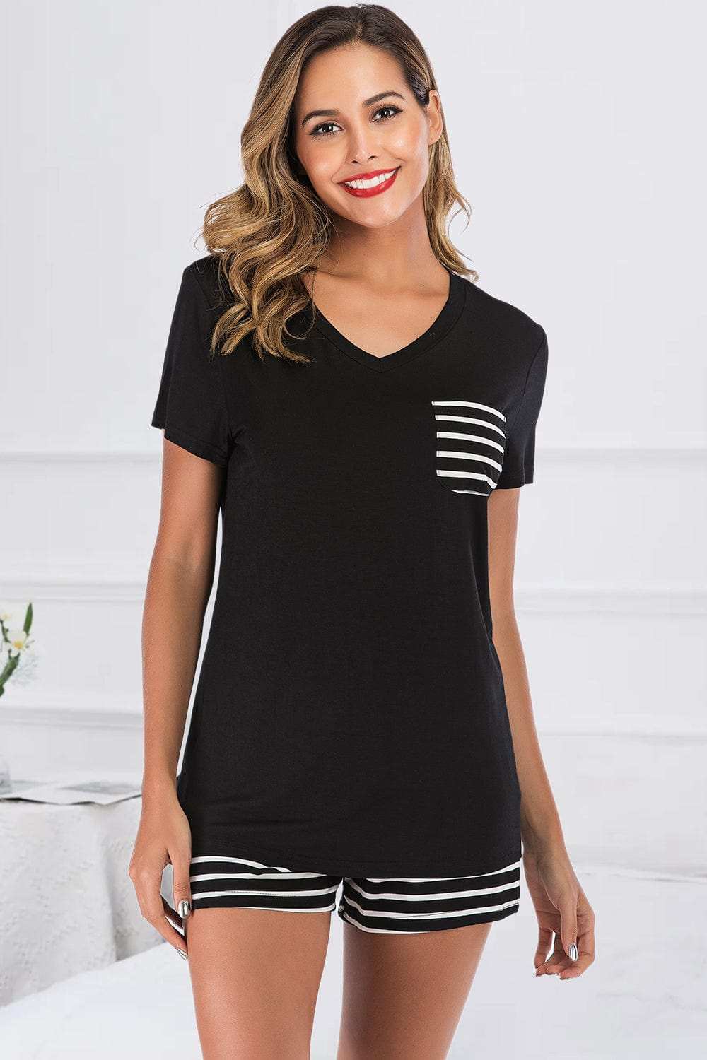 Striped Short Sleeve Top and Shorts Lounge Set - Trendsi - Flyclothing LLC