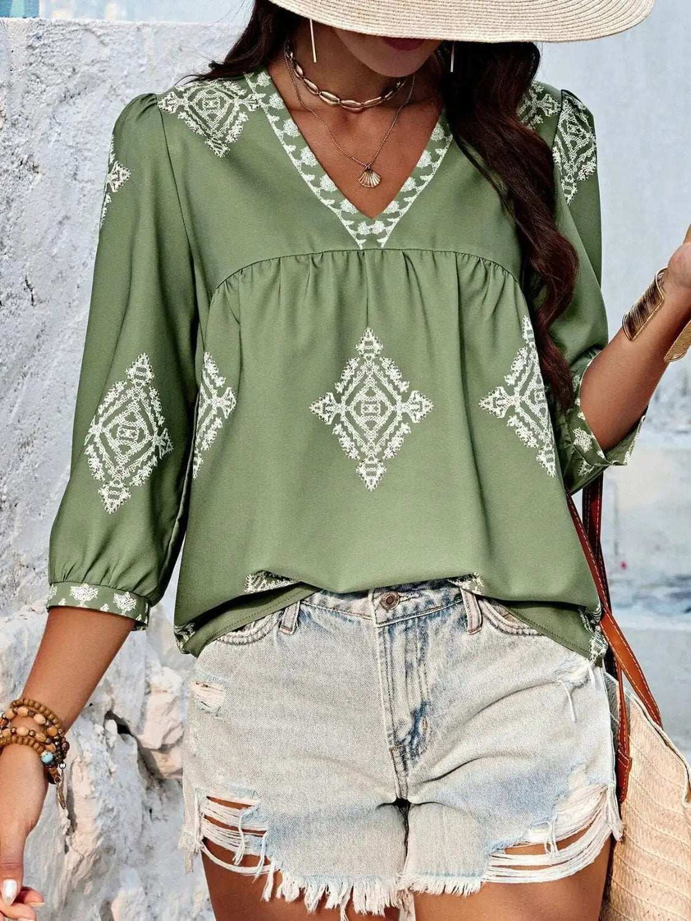 Printed V-Neck Three-Quarter Sleeve Blouse - Trendsi - Flyclothing LLC
