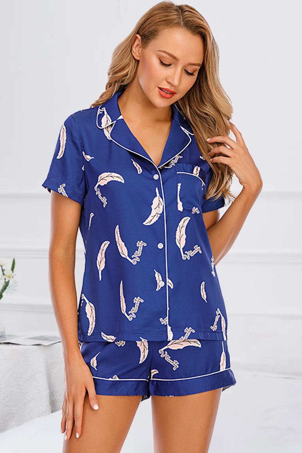 Printed Button Up Short Sleeve Top and Shorts Lounge Set - Trendsi - Flyclothing LLC