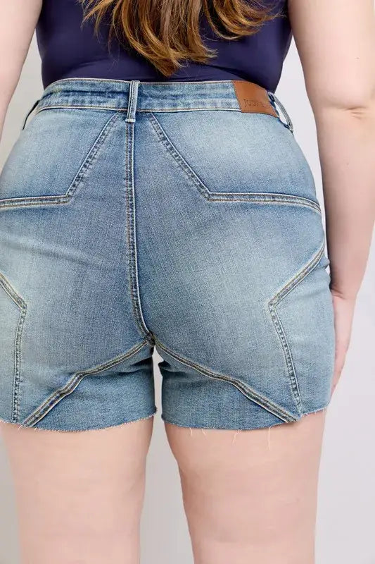 Judy Blue Full Size High Waist Star Seam Detail Denim Shorts Plus Size - Trendsi - Flyclothing LLC