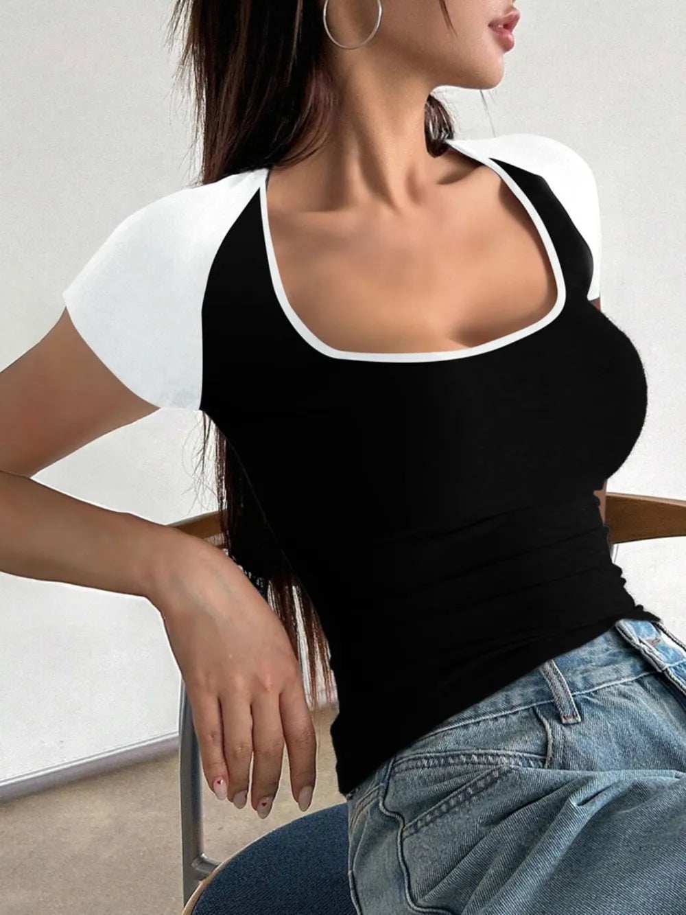 Devine Contrast Scoop Neck Short Sleeve T-Shirt - Trendsi - Flyclothing LLC