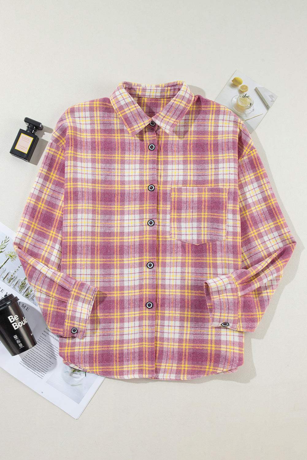 Plaid Collared Neck Button Up Shacket - Trendsi - Flyclothing LLC