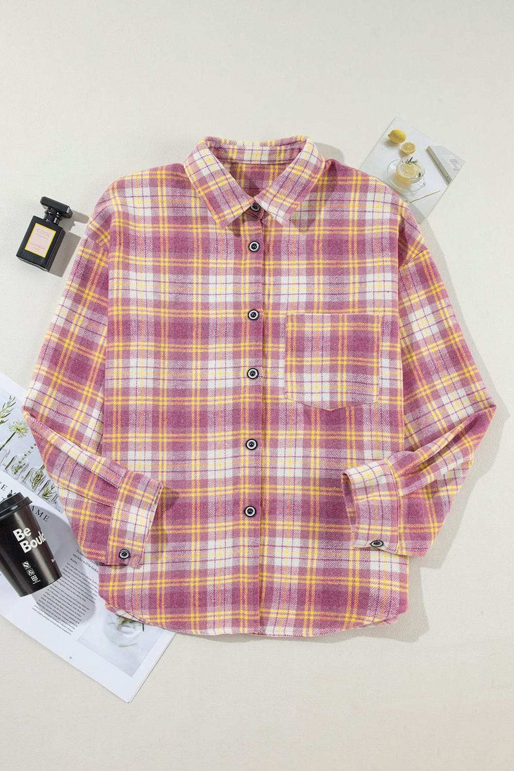 Plaid Collared Neck Button Up Shacket - Trendsi - Flyclothing LLC