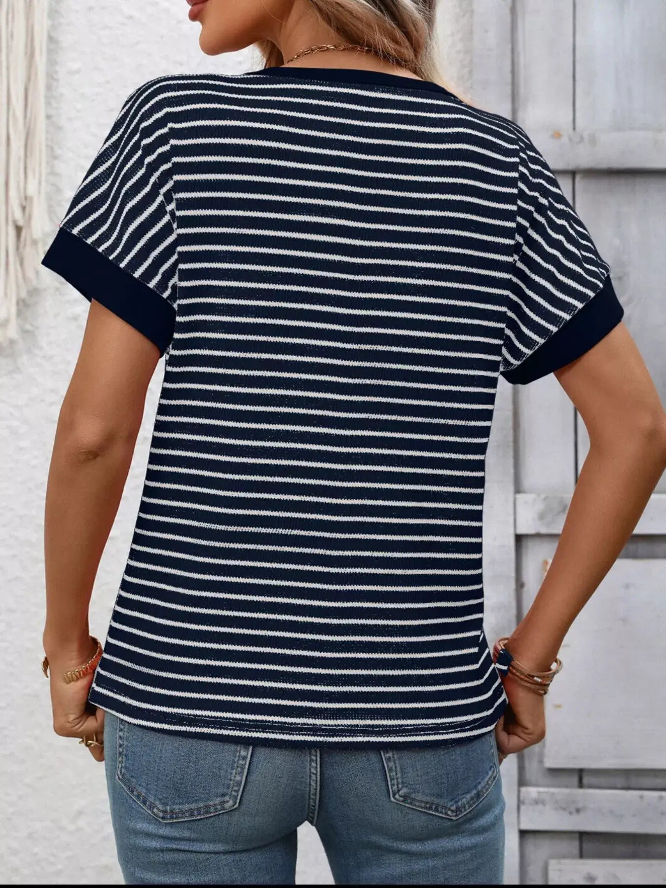 Striped Ribbed Knit Short Sleeve T-Shirt - Trendsi - Flyclothing LLC