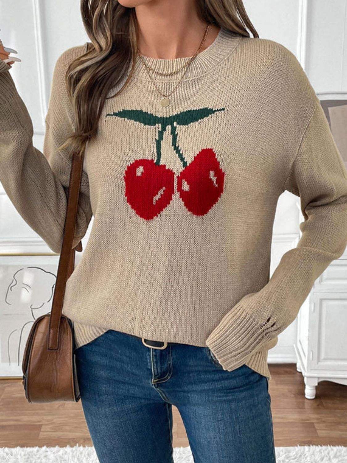 Perfee Cherry Round Neck Long Sleeve Sweater - Trendsi - Flyclothing LLC