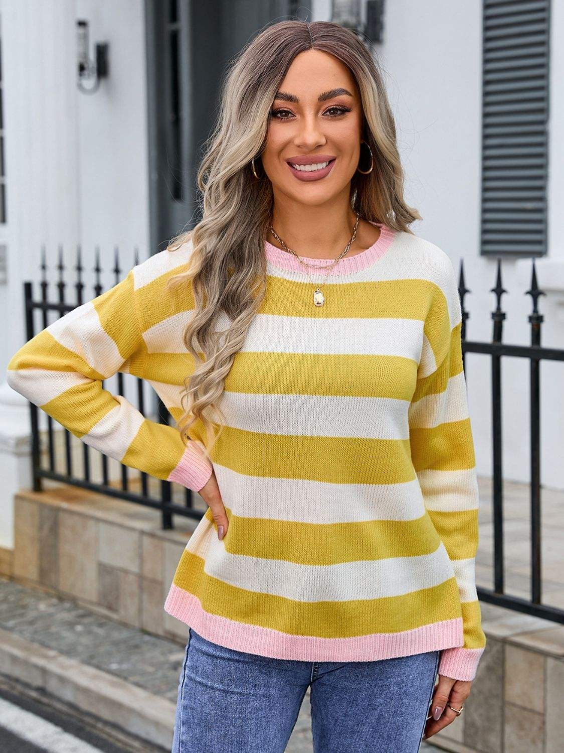 Striped Round Neck Dropped Shoulder Sweater - Trendsi - Flyclothing LLC