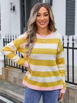 Striped Round Neck Dropped Shoulder Sweater - Trendsi - Flyclothing LLC