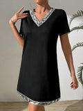 Sequin V-Neck Short Sleeve Mini Dress - Trendsi