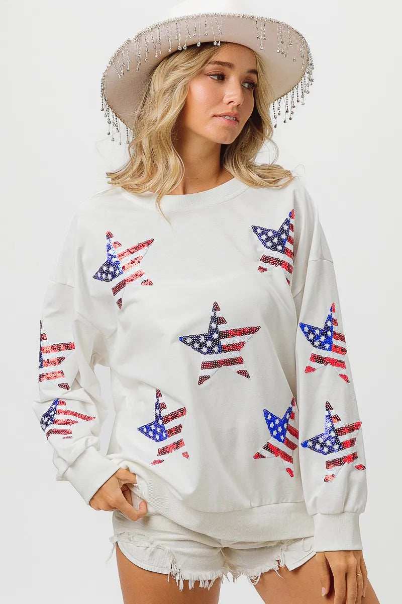 BiBi American Flag Sequin Star Sweatshirt - Trendsi - Flyclothing LLC