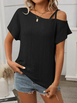 Eyelet Asymmetrical Shoulder Short Sleeve T-Shirt - Trendsi - Flyclothing LLC