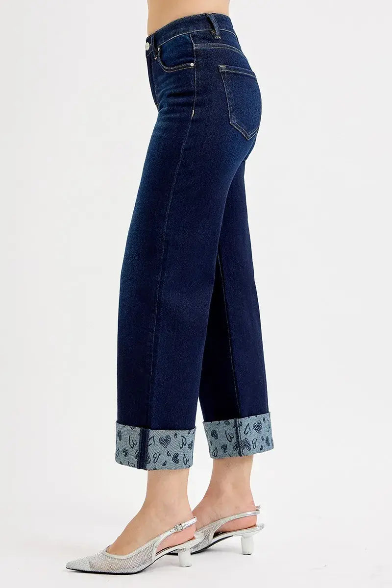 RISEN Full Size Mid Rise Fit Crop Wide With Printed Cuff Jeans Plus Size - Trendsi - Flyclothing LLC