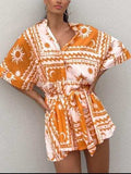 Printed Tie Waist Half Sleeve Romper - Trendsi - Flyclothing LLC