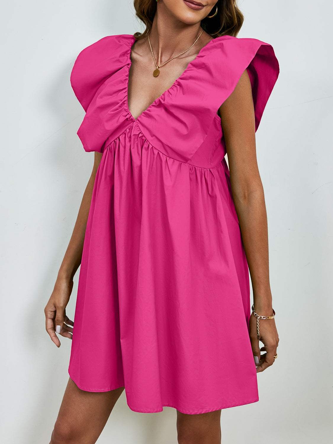 V-Neck Cap Sleeve Mini Dress - Trendsi - Flyclothing LLC