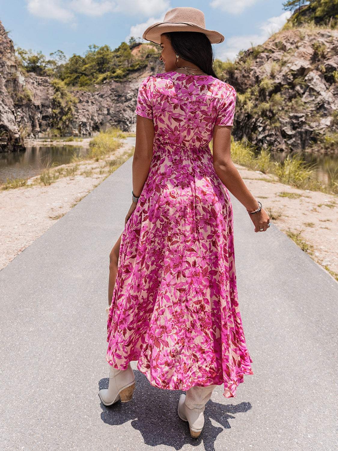 Floral V-Neck Slit Dress - Trendsi - Flyclothing LLC