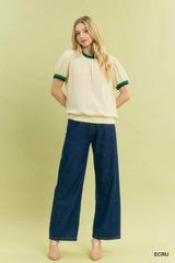 Umgee Puff Sleeve Knit Top with Contrast Rib Trim - Trendsi - Flyclothing LLC