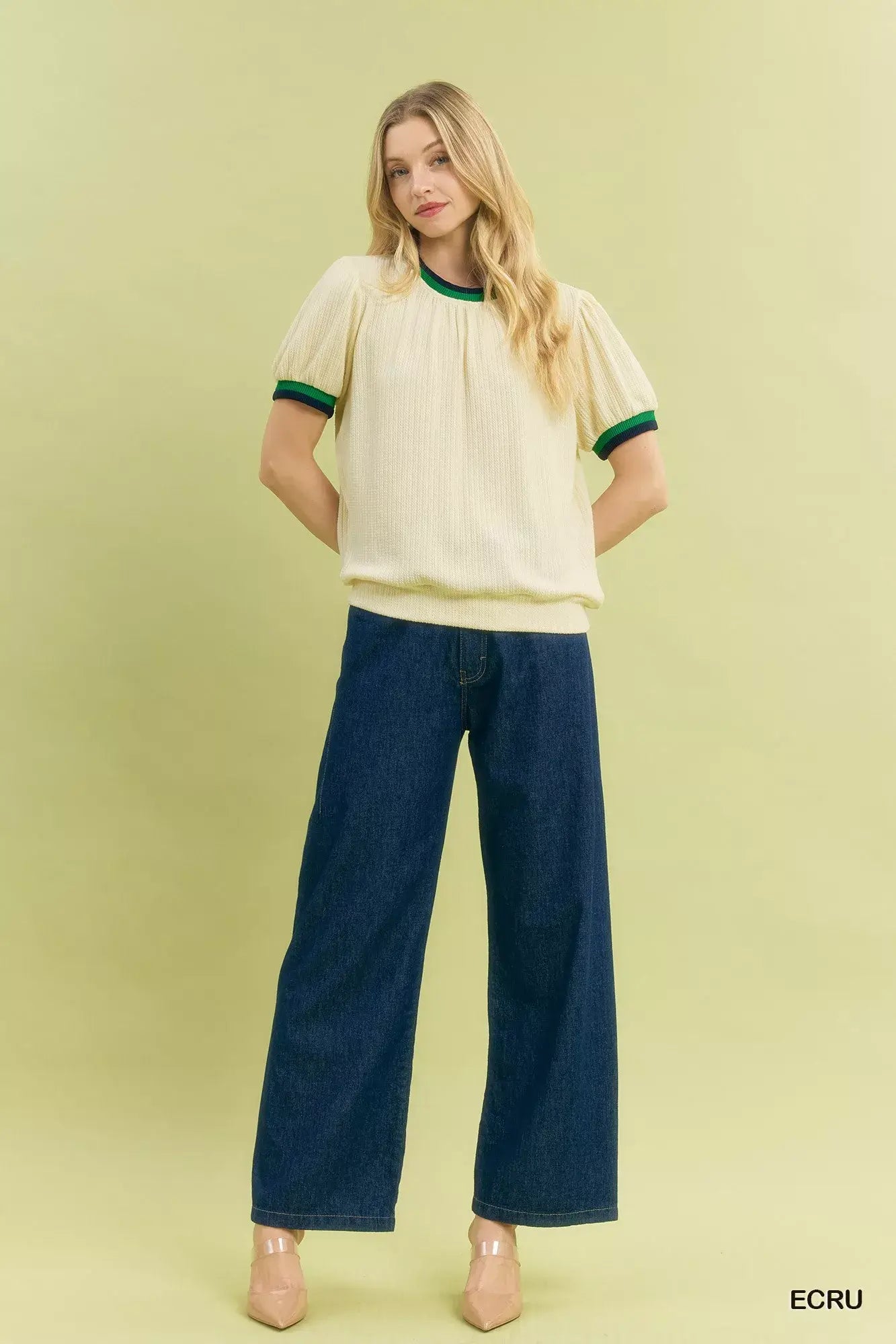 Umgee Puff Sleeve Knit Top with Contrast Rib Trim - Trendsi - Flyclothing LLC