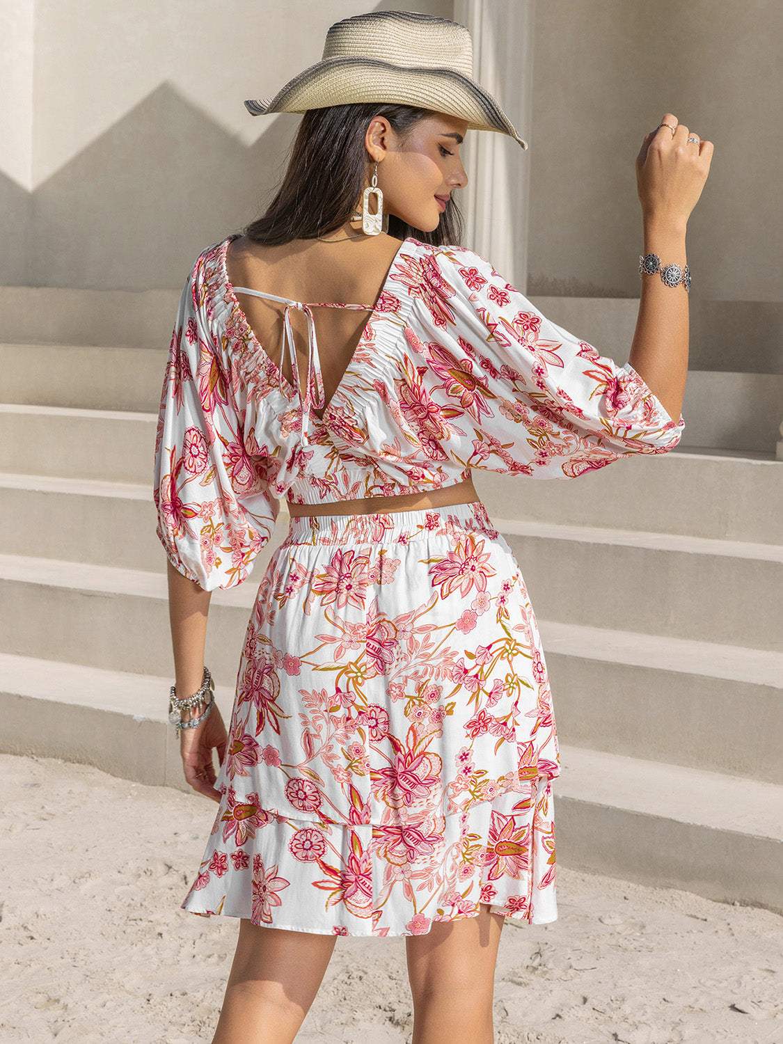 Printed Half Sleeve Top and Layered Skirt Set - Trendsi - Flyclothing LLC
