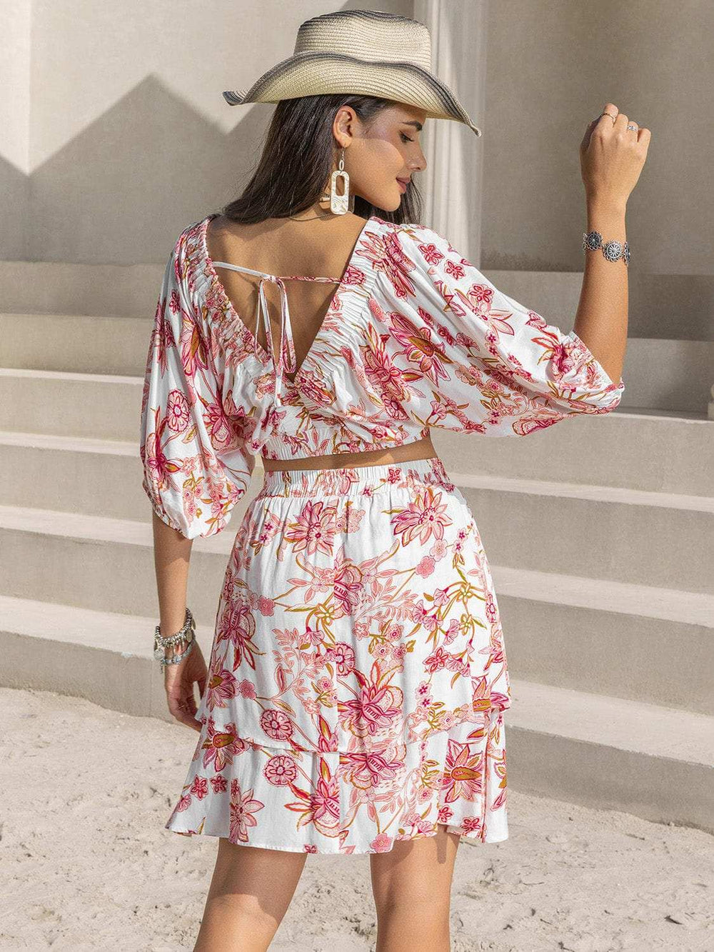 Printed Half Sleeve Top and Layered Skirt Set - Trendsi - Flyclothing LLC