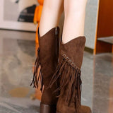 Fringed Point Toe Block Heel Boots - Trendsi - Flyclothing LLC