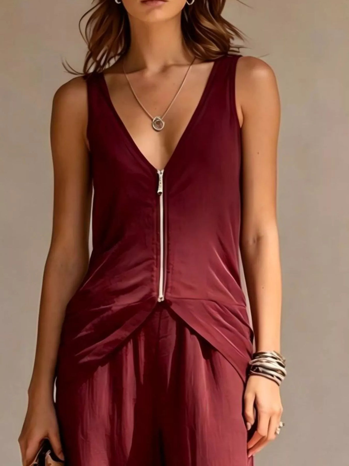 Full Size Zipper Front Tank and Wide-Leg Pants Set Plus Size - Trendsi - Flyclothing LLC