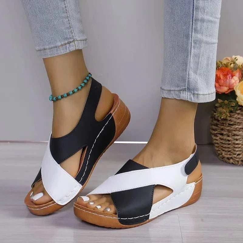 Crisscross Contrast Open Toe Wedge Sandals - Trendsi - Flyclothing LLC