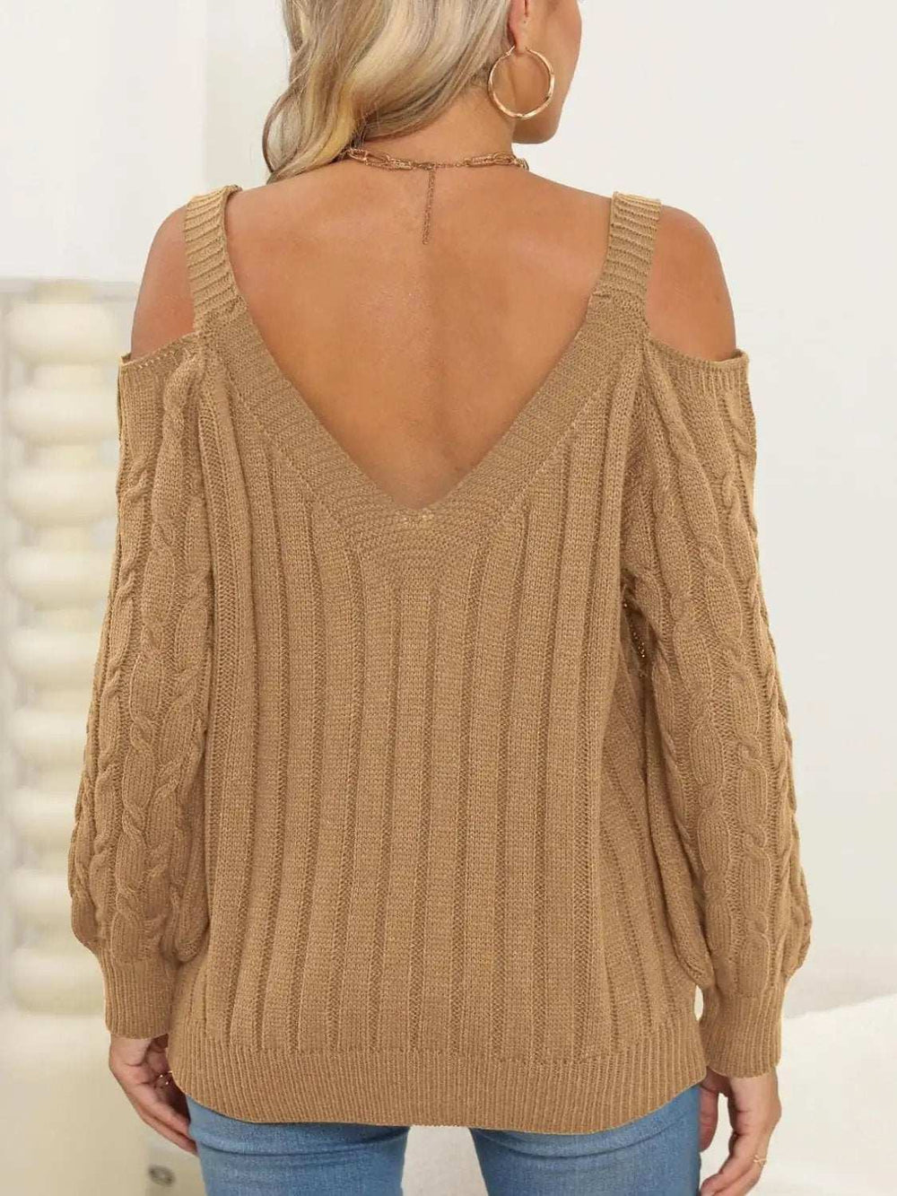 Cable-Knit Heart V-Neck Sweater - Trendsi - Flyclothing LLC